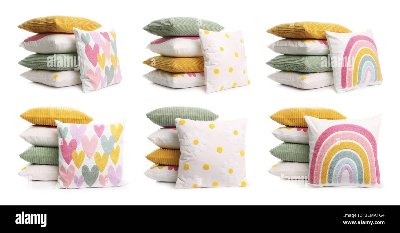Different throw pillows isolated on white, set Stock Photo