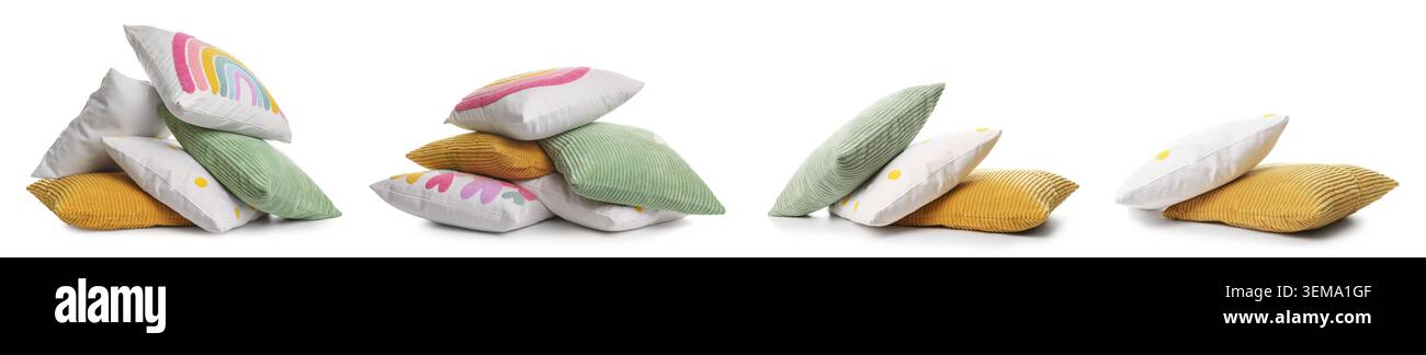 Different throw pillows isolated on white, set Stock Photo
