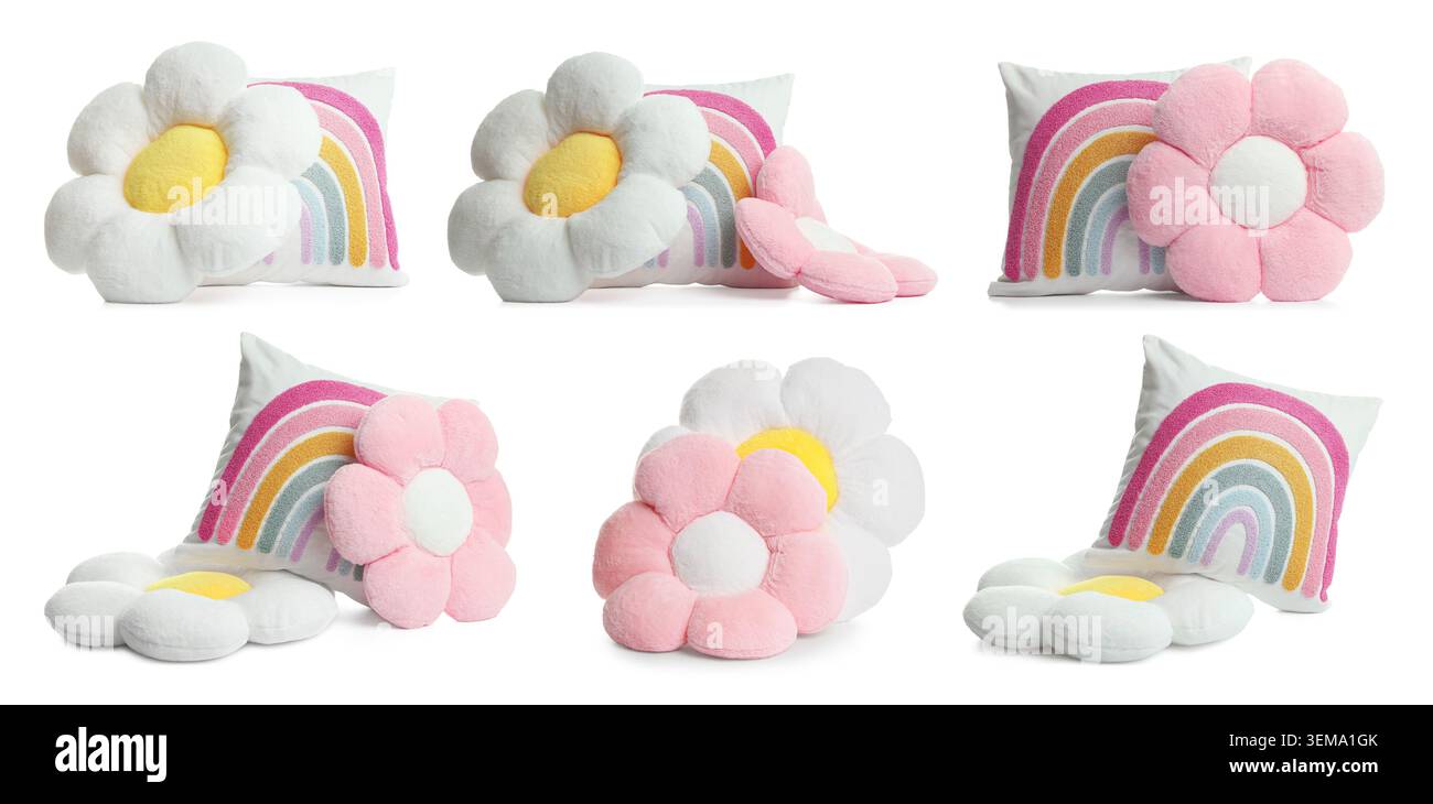 Different throw pillows isolated on white, set Stock Photo