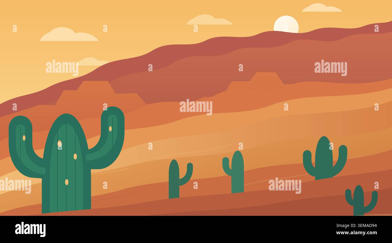 Desert landscape with cacti and mountains at sunset Stock Vector