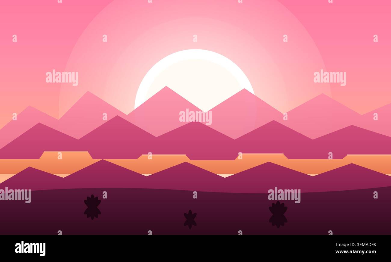 Minimalist landscape illustration with purple mountains and sunset Stock Vector