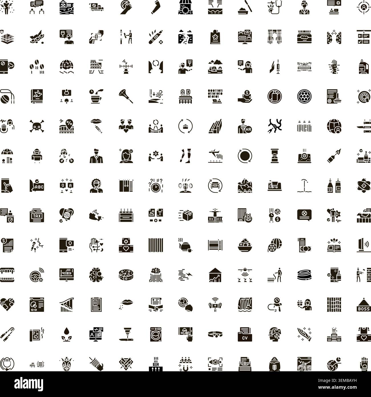 Glyph icons set illustrating diverse business and lifestyle concepts Stock Vector