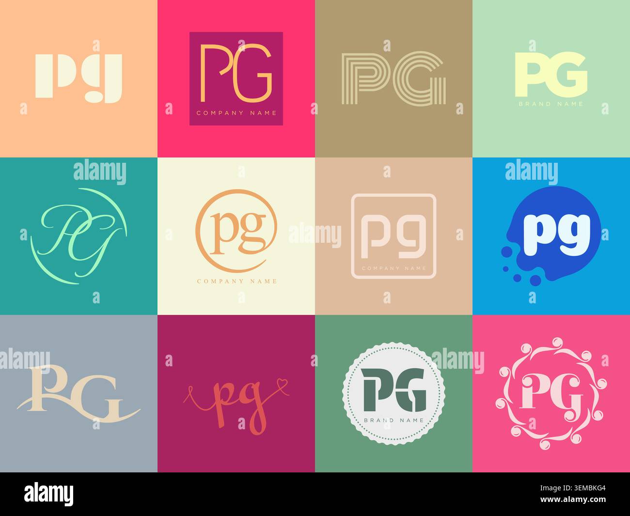 PG logo company template. Letter p and g logotype. Set different classic serif lettering and modern bold text with design elements. Initial font typog Stock Vector