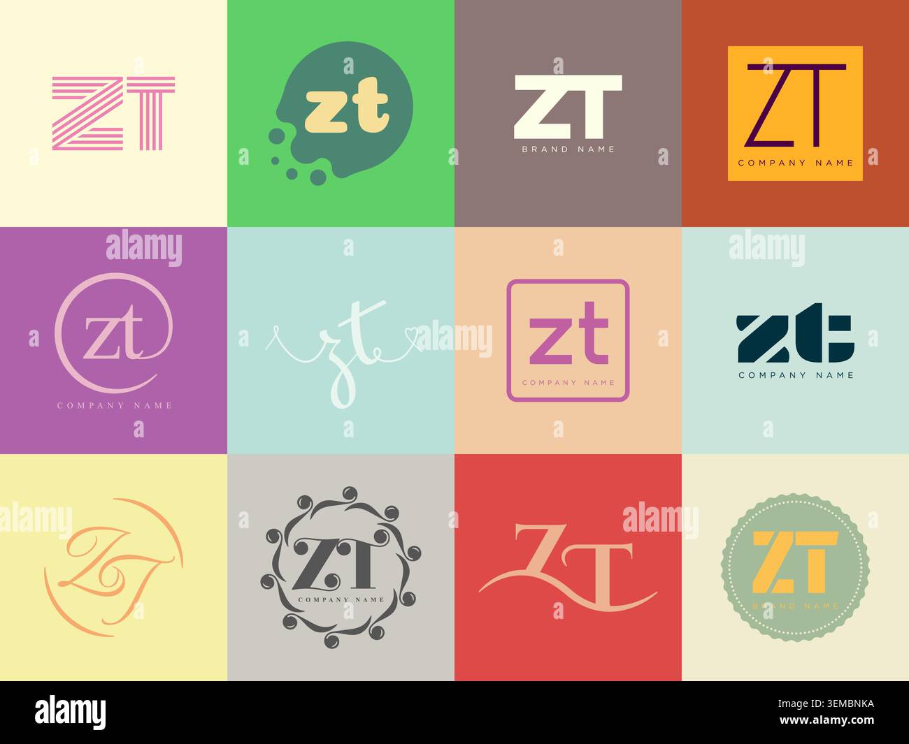ZT logo company template. Letter z and t logotype. Set different classic serif lettering and modern bold text with design elements. Initial font typog Stock Vector
