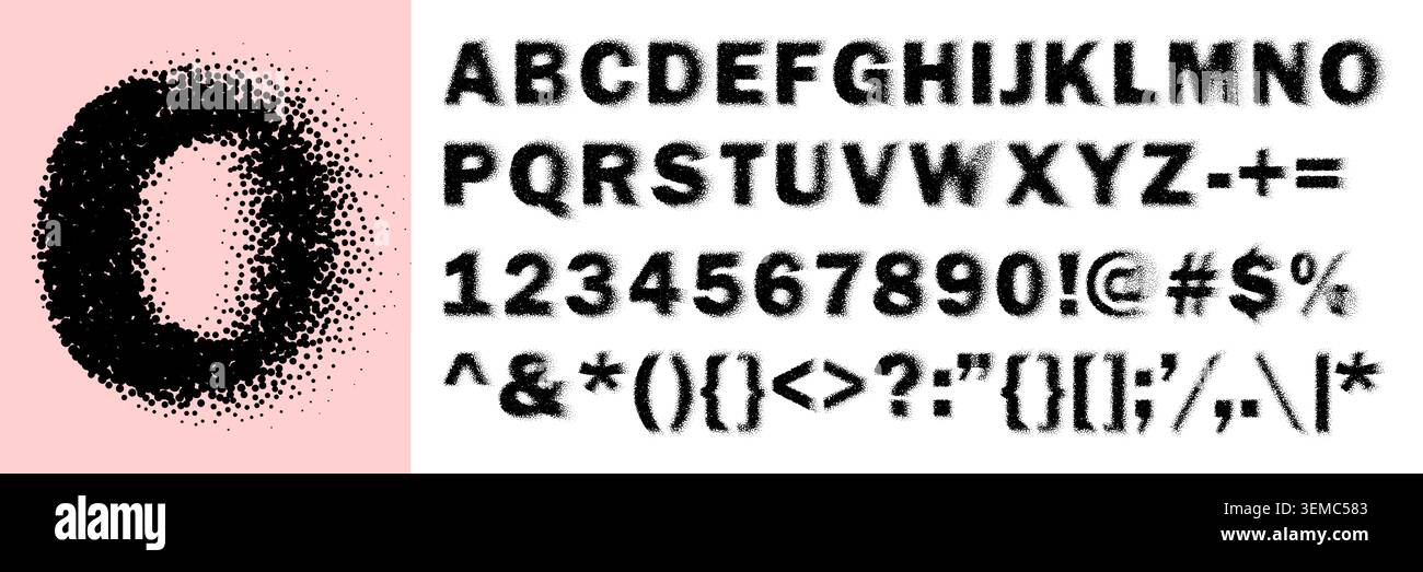 Sprayed font abc, gradient dotted alphabet with noise black figure ...