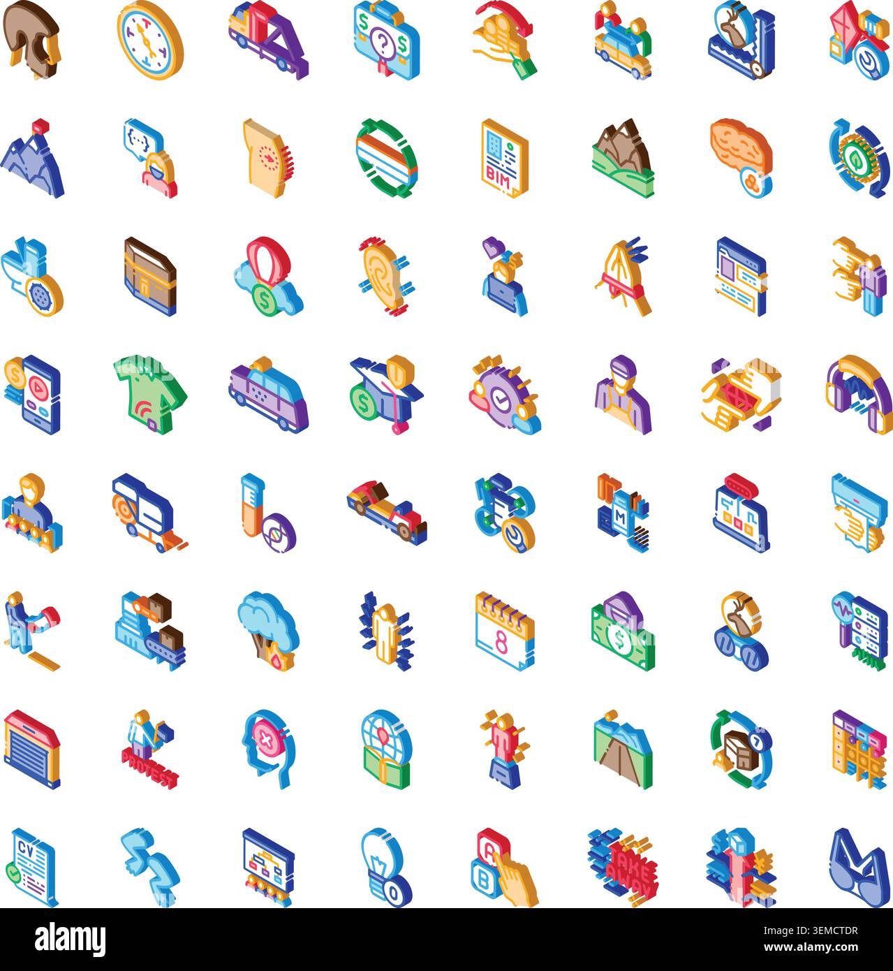 Diverse 3d isometric icons representing global business industries Stock Vector