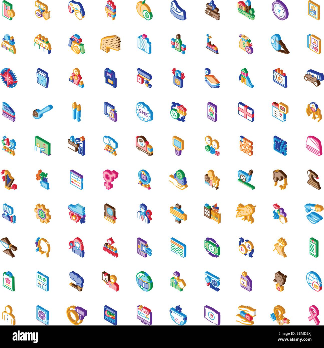 Isometric icon collection representing various concepts and objects Stock Vector