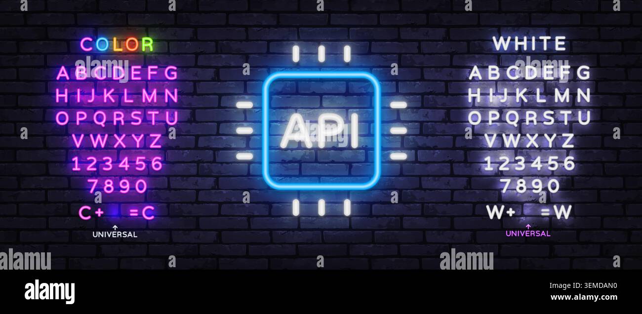 Neon API processor icon with editable letters and glowing number set. Modern technology typography template for coding, software or digital interface. Stock Vector