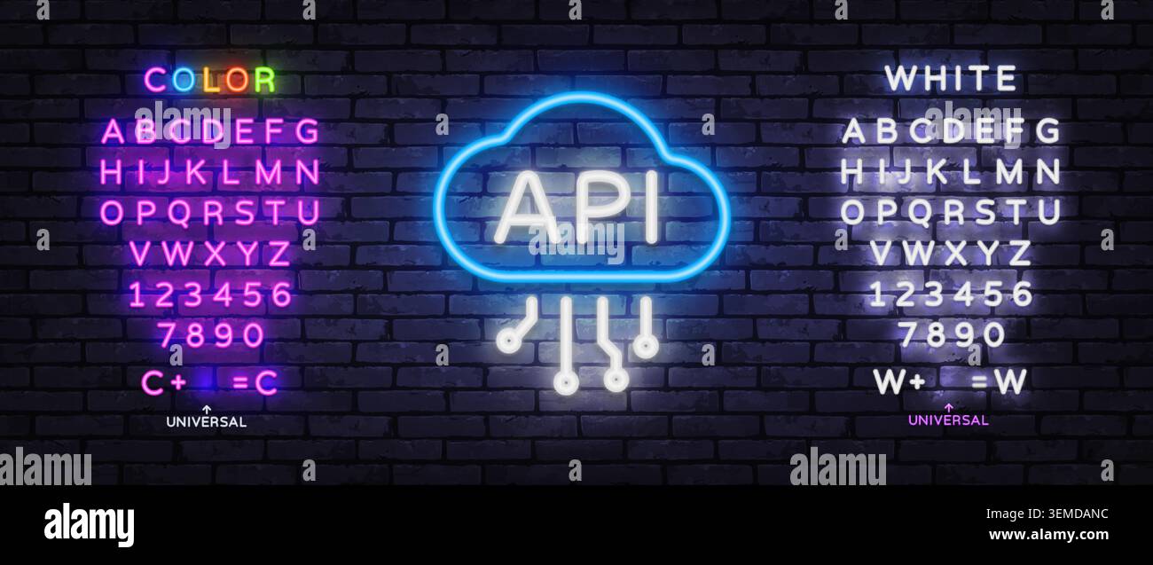 Neon API cloud icon with editable alphabet and luminous typography style. Futuristic template for cloud computing, programming or web development. Stock Vector