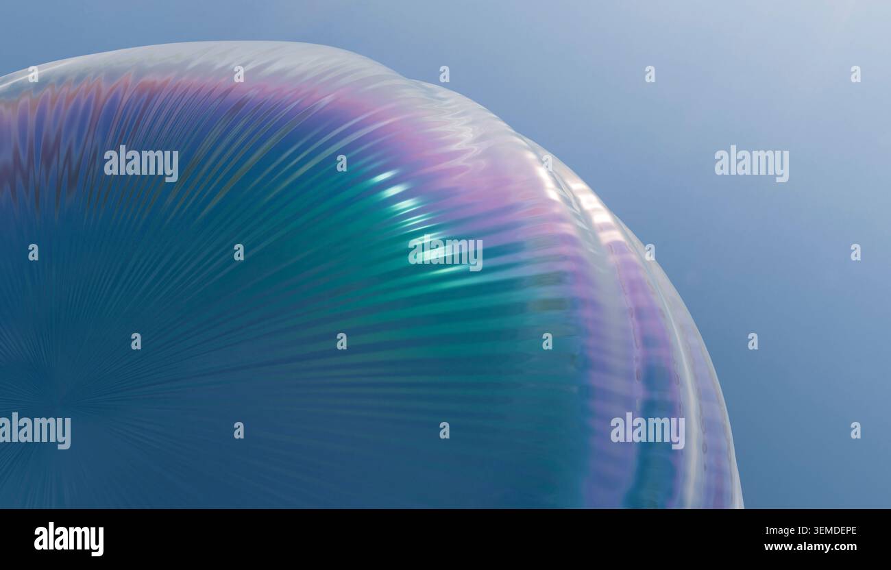 Close-up macro of a shimmering soap bubble with iridescent rainbow sheen and soft blue background, showing delicate concentric lines, reflections, and Stock Photo