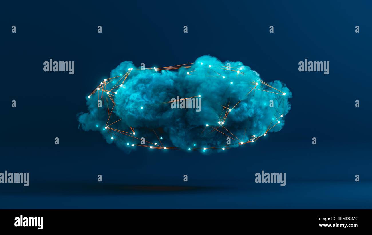 A cloud network technology concept shows interconnected data points creating a network in a digital background. This illustrates modern connectivity. Stock Photo