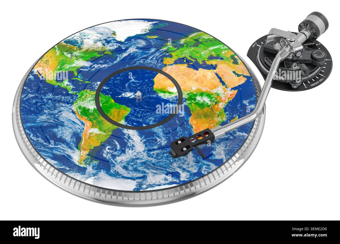Turntable with Earth map vinyl record. 3D rendering isolated on white background Stock Photo