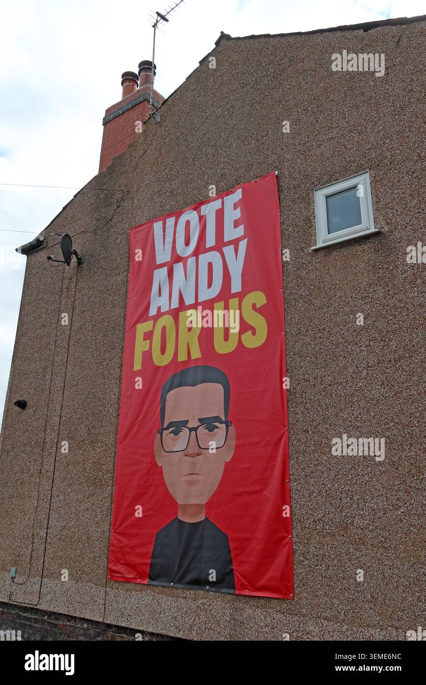 On a Hindley Green red brick terrace gable end, Vote Andy For Us promotion, Makerfield By-Election June 18th 2026 Stock Photo