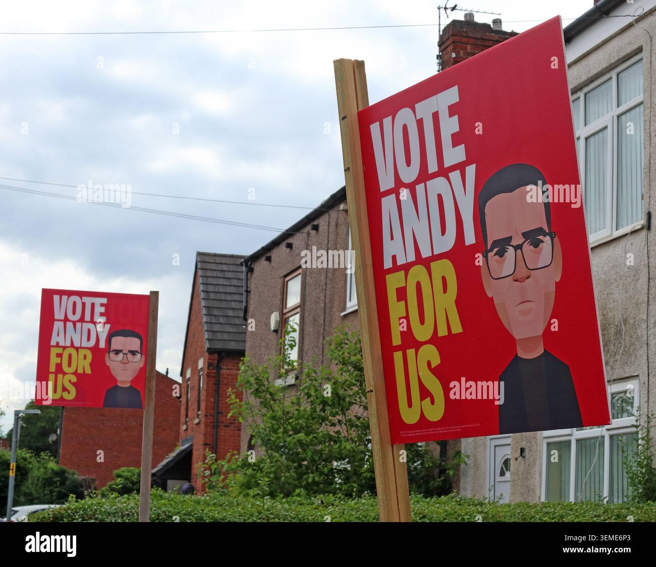 A clutch of Andy Burnham campaign placards with the slogan Vote Andy For Us on Atherton Road, Hindley, Makerfield Labour candidate June 2026 Stock Photo