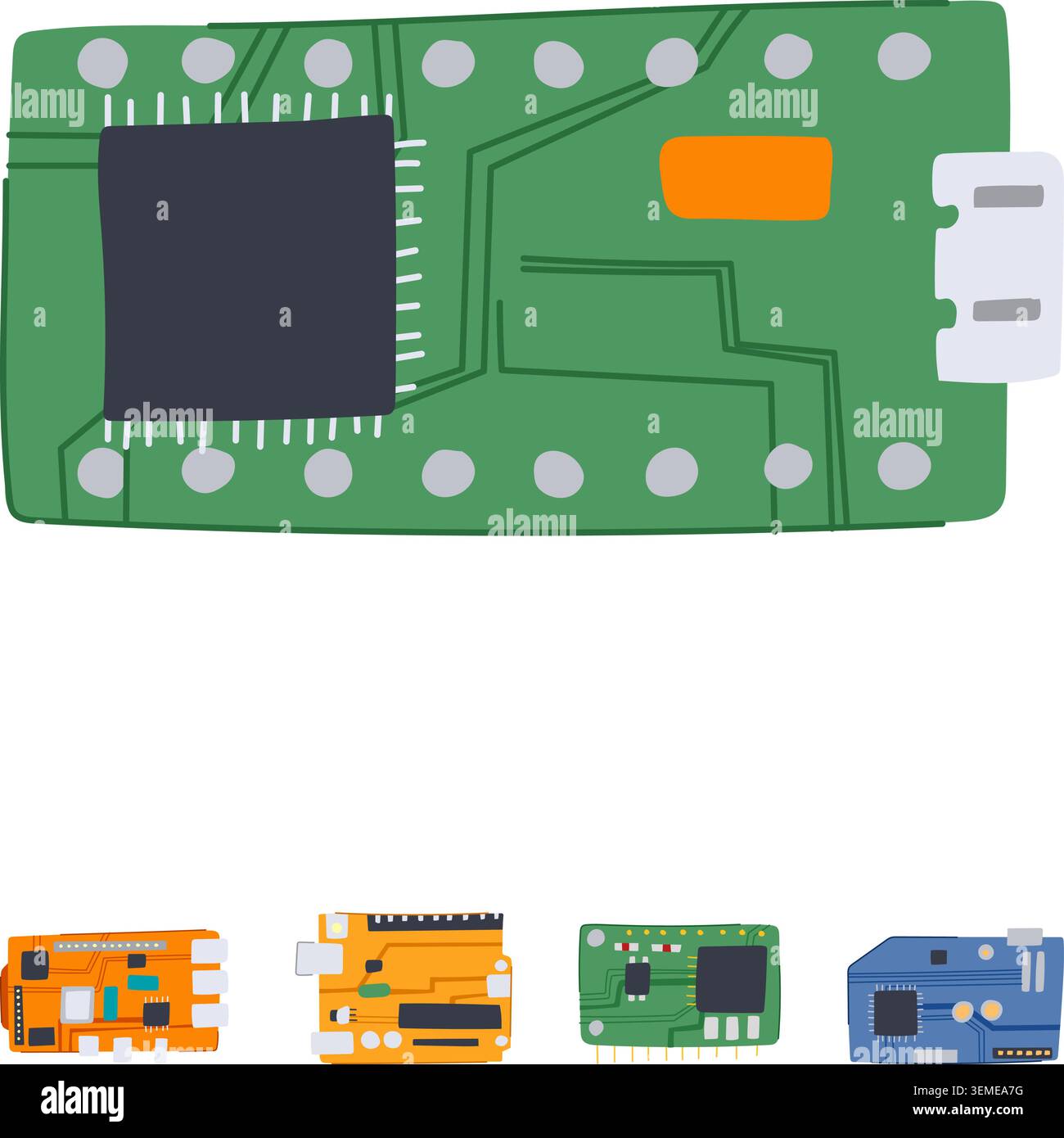 Electronic circuit board microcontrollers hardware components engineering concept Stock Vector