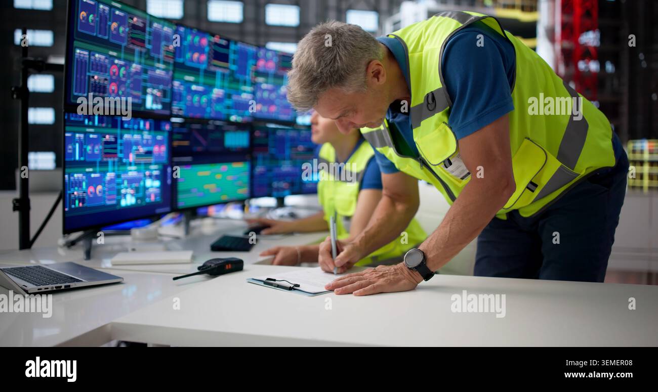 Two Engineers Discuss Shift Handover While Monitoring Rocket Data On Computers. Stock Photo