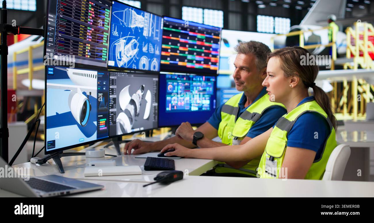 Engineer Uses Computer Screen To Check Aircraft Parts During Maintenance. Stock Photo