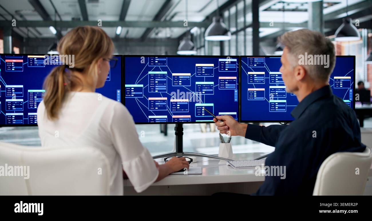Two Software Developers Collaborate Using A Drag And Drop Low Code Platform. Stock Photo