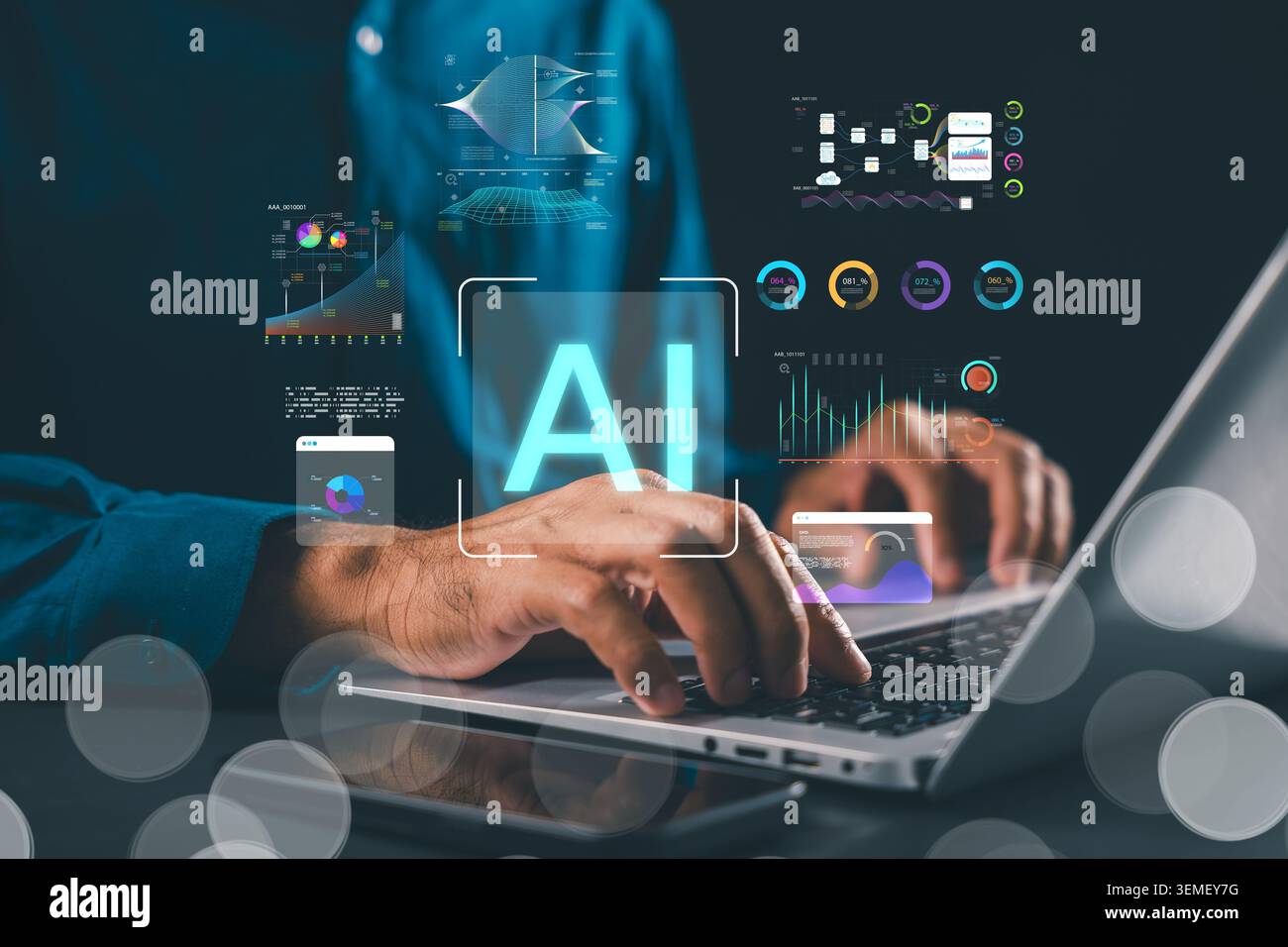Laptop ai data visualization, intelligence development, neural machine learning, data processing shown while developer types on keyboard, interacting Stock Photo