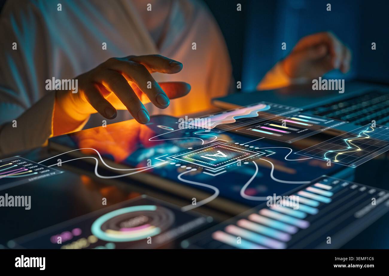 A visionary business professional interacts with a digital touch screen displaying vibrant data visualizations, artificial intelligence graphics, and Stock Photo