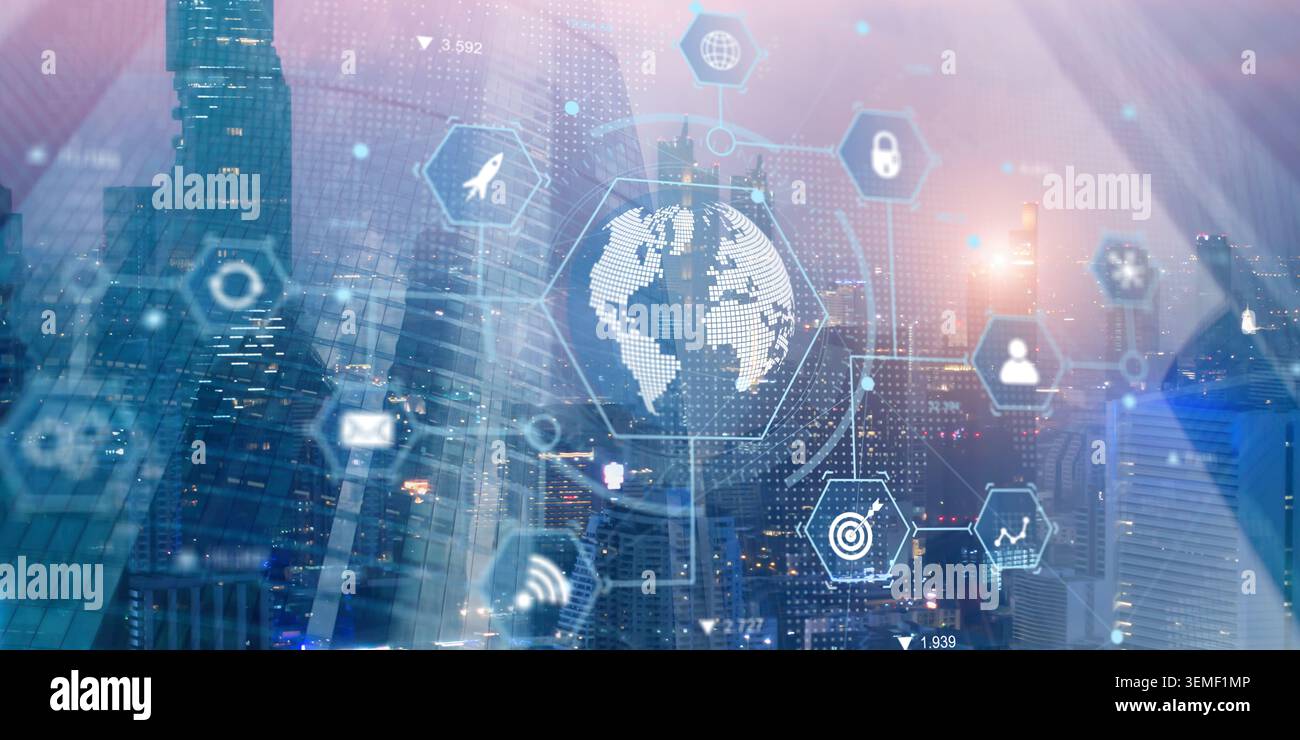 Global connectivity network concept for business communication and data exchange with digital city background Stock Photo