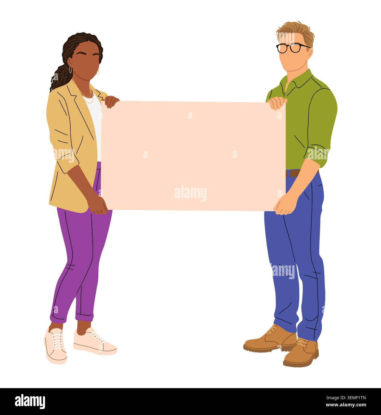 Two people hold a blank sign together. Stock Vector