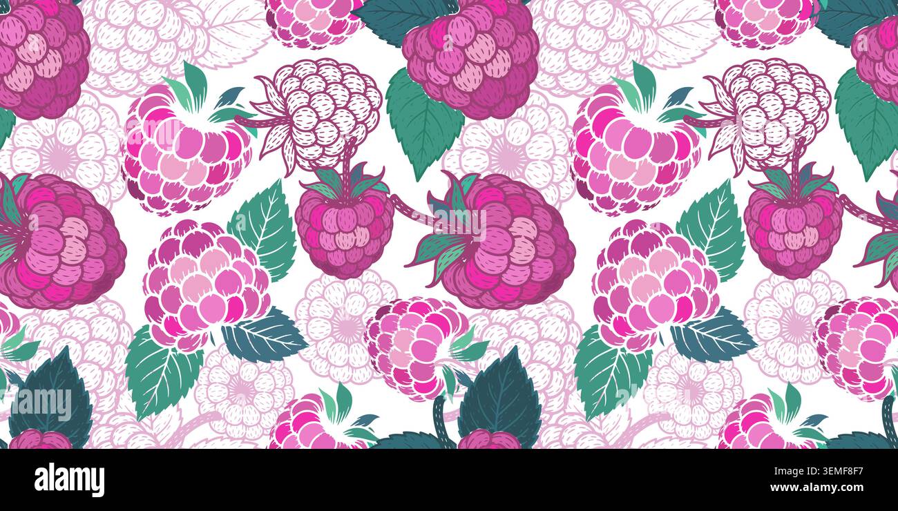 Raspberry seamless pattern . Hand drawn. Not AI, vector illustration. Stock Vector