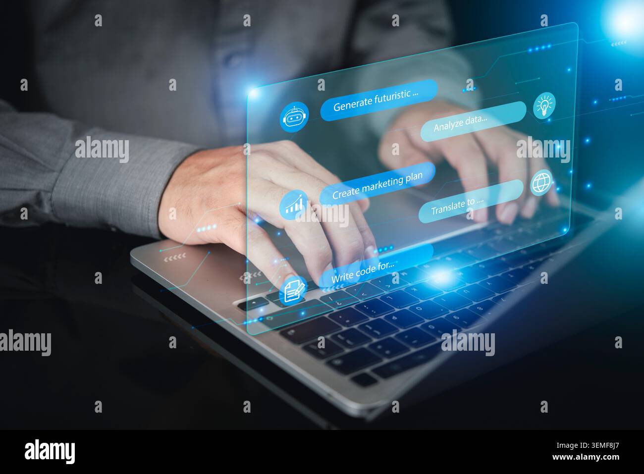 Man typing on laptop with virtual generative AI chatbot interface. Concept of using artificial intelligence for marketing planning, writing code, data Stock Photo