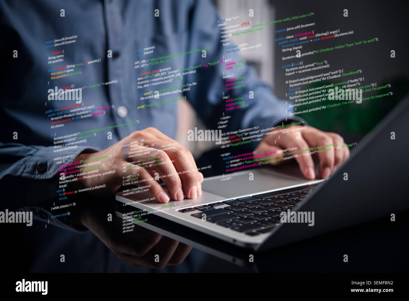 programmer typing on laptop with virtual code overlay. Software development, web design, and coding technology concept. IT engineer working on algorit Stock Photo