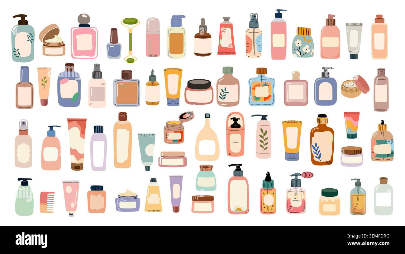 Soft pastel bottles line up in rows. Stock Vector