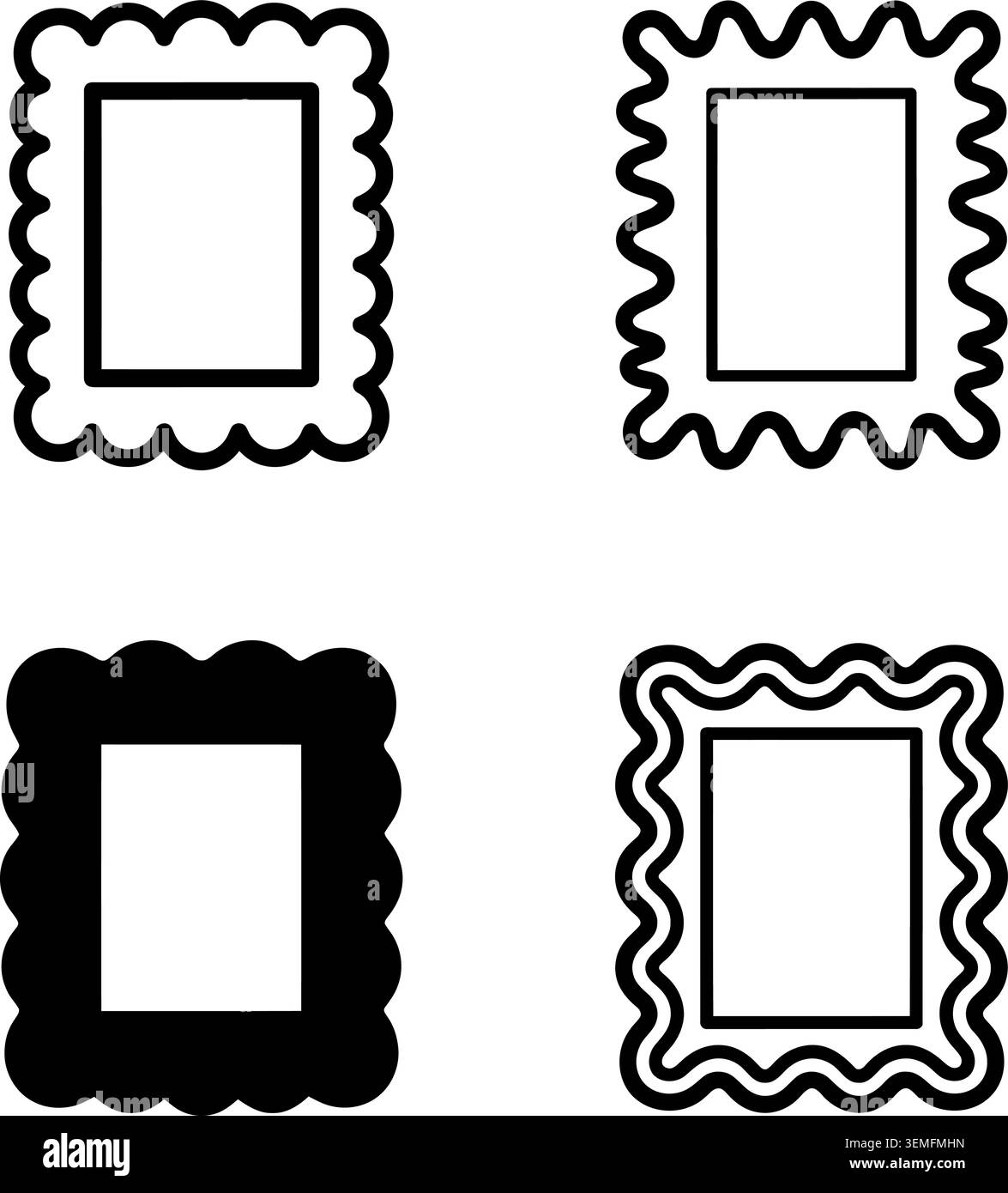 Scalloped rectangular frame line art and silhouette vector illustration pack Stock Vector
