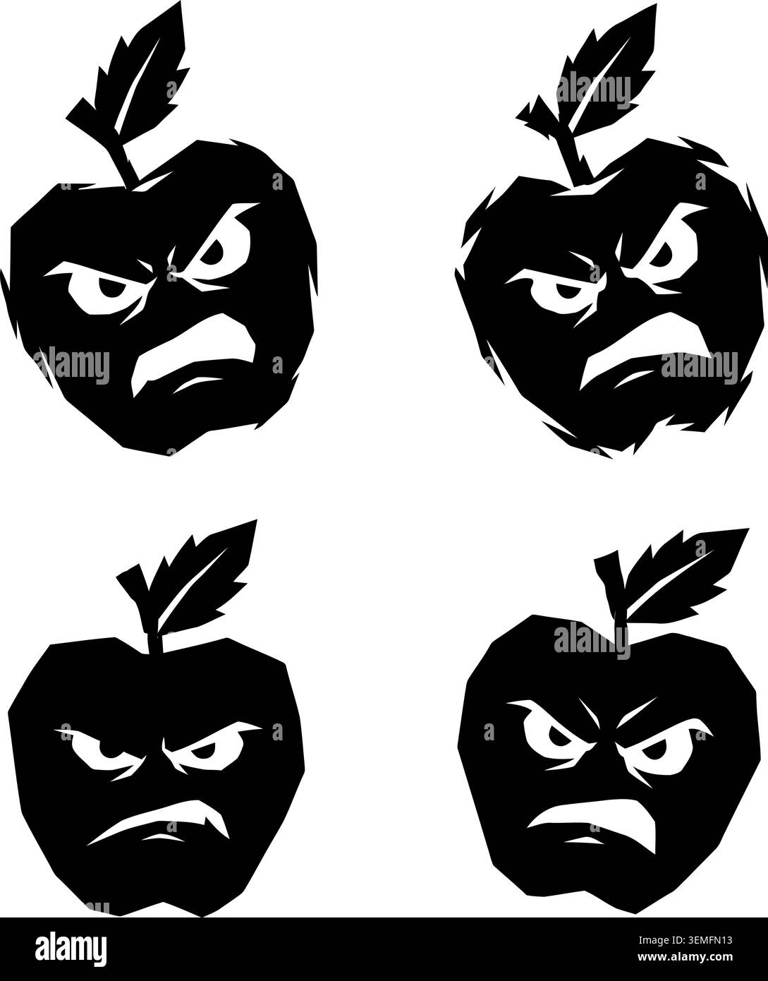 Angry apple character face silhouette vector illustration collection Stock Vector