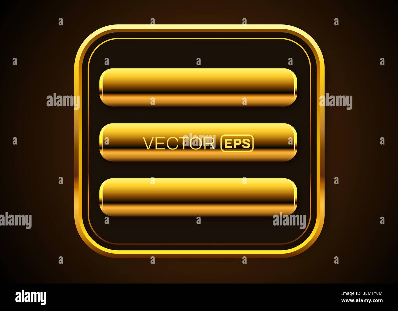 Golden UI buttons and frame set. Elegant user interface elements for web design. Vector illustration Stock Vector