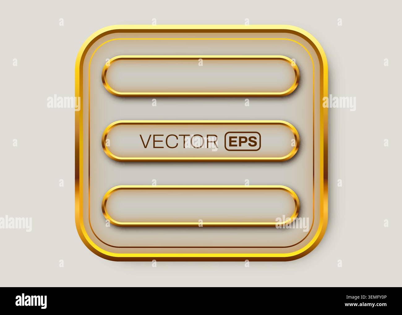 Golden UI buttons and rectangular frame set for web and mobile interface design. Vector illustration. Stock Vector