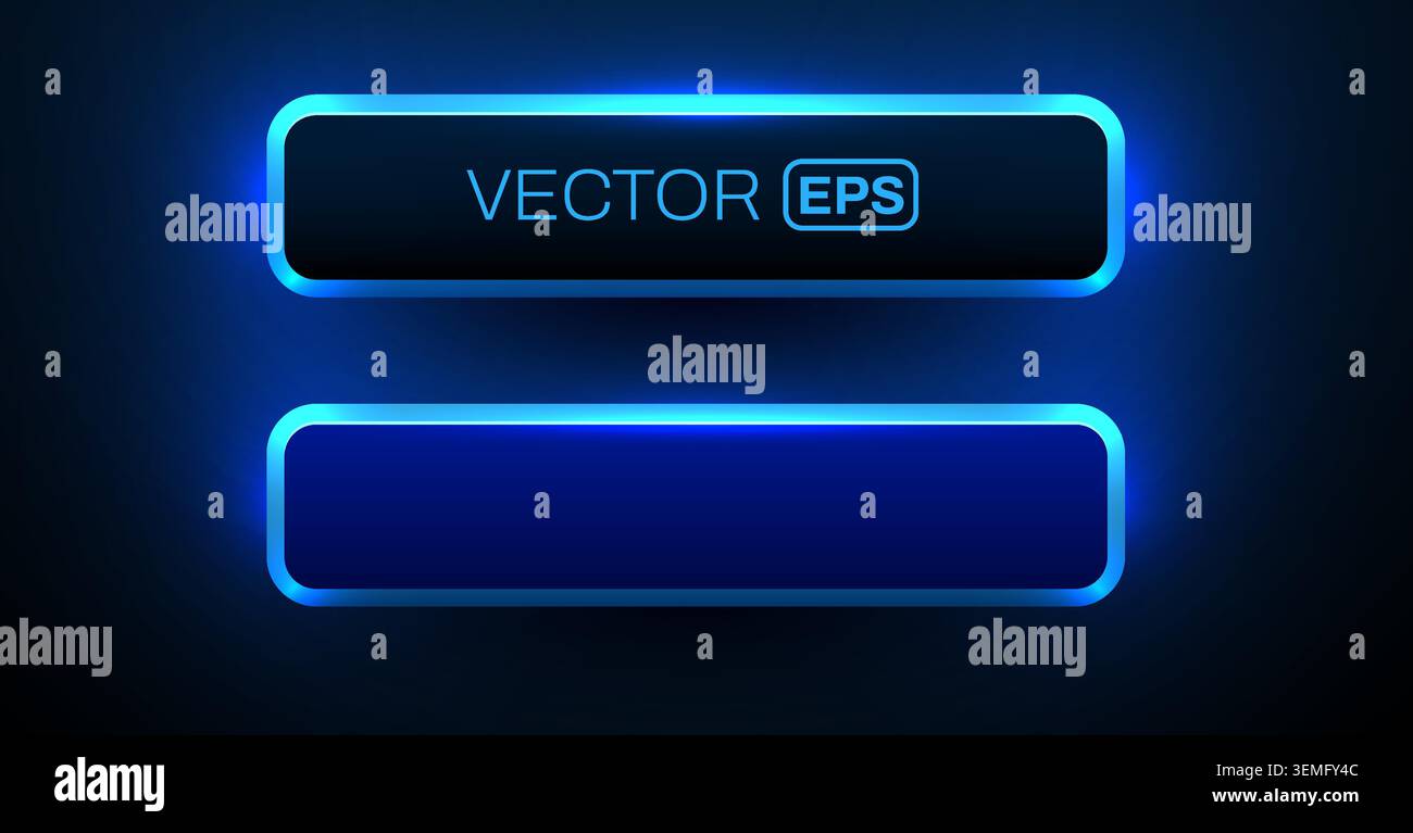 Neon blue glowing buttons and interface frames for modern web UI design projects. Vector illustration. Stock Vector