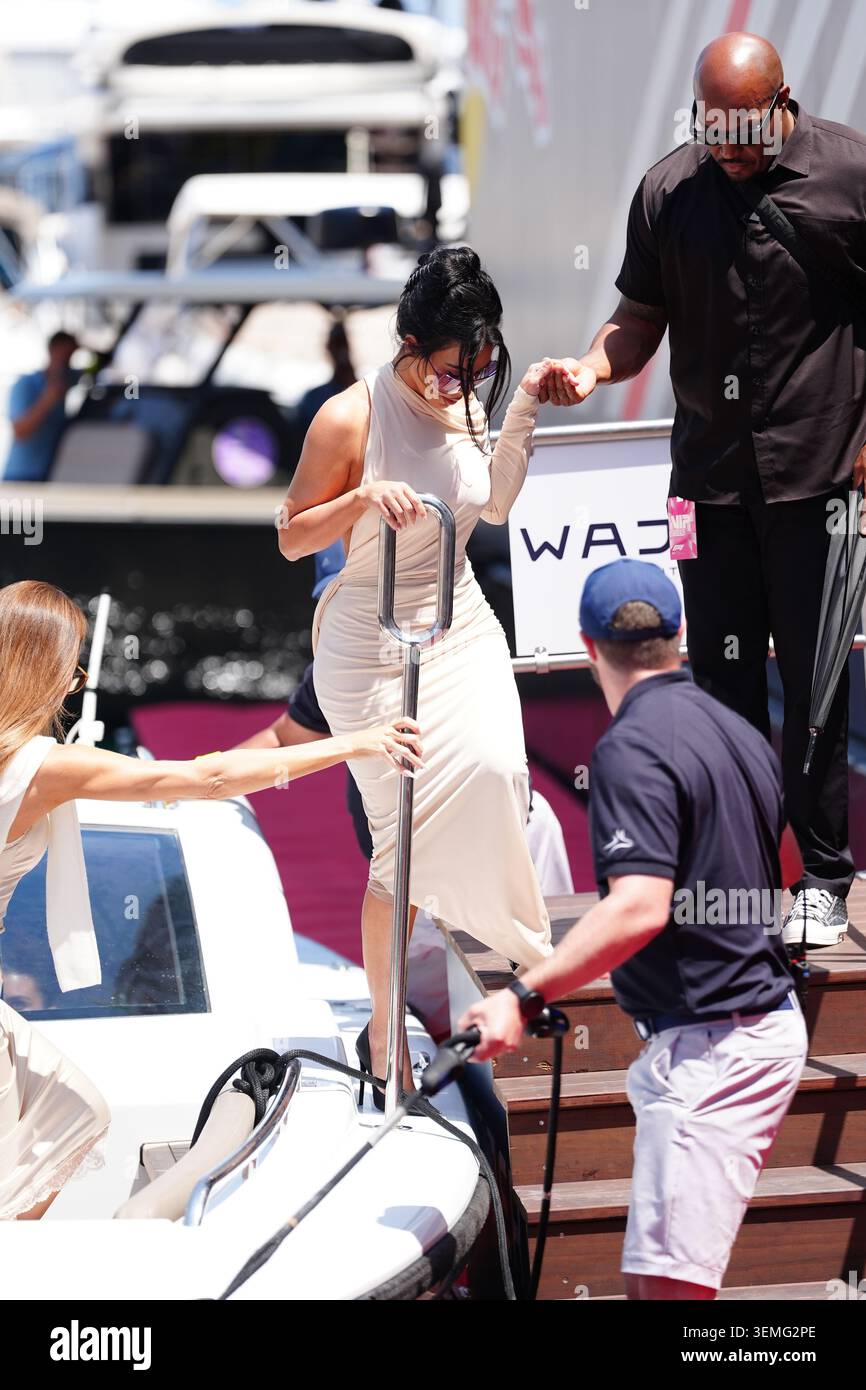 Kim Kardashian Is Helped Off A Boat During The Monaco Grand Prix At The kim-kardashian-is-helped-off-a-boat-during-the-monaco-grand-prix-at-the