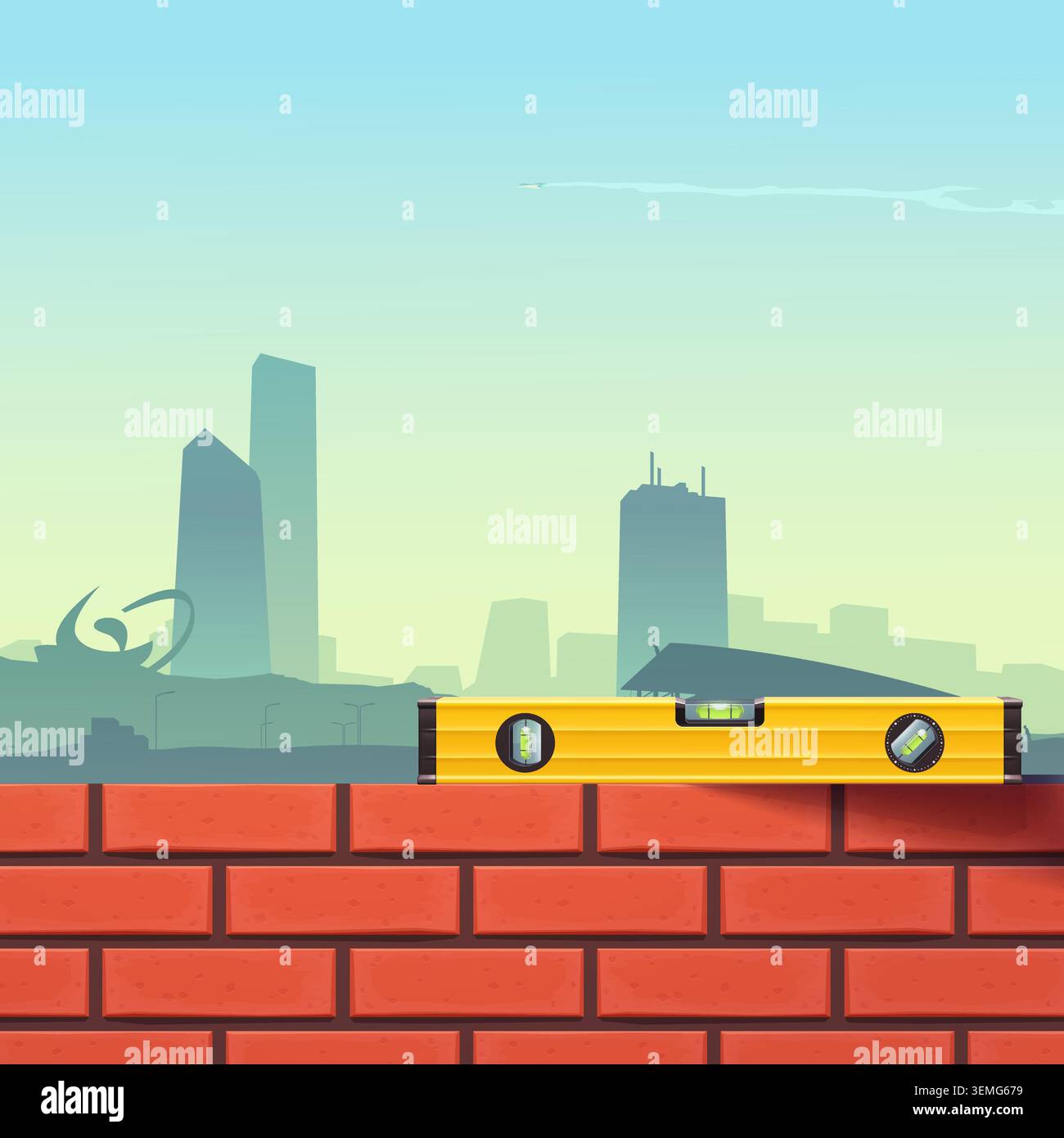 yellow level tool on brickwall city behind Stock Vector