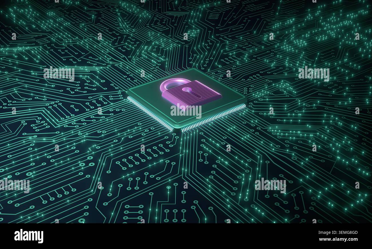 Data protection, circuit board with processor to lock data, encryption, safety, network security. Data protection, circuit board with processor to loc Stock Photo
