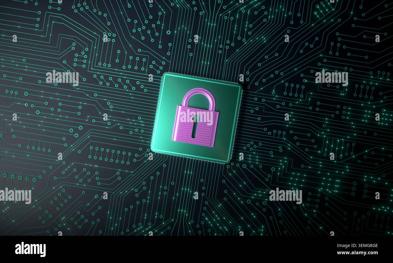 Data protection, circuit board with processor to lock data, encryption, safety, network security. Data protection, circuit board with processor to loc Stock Photo