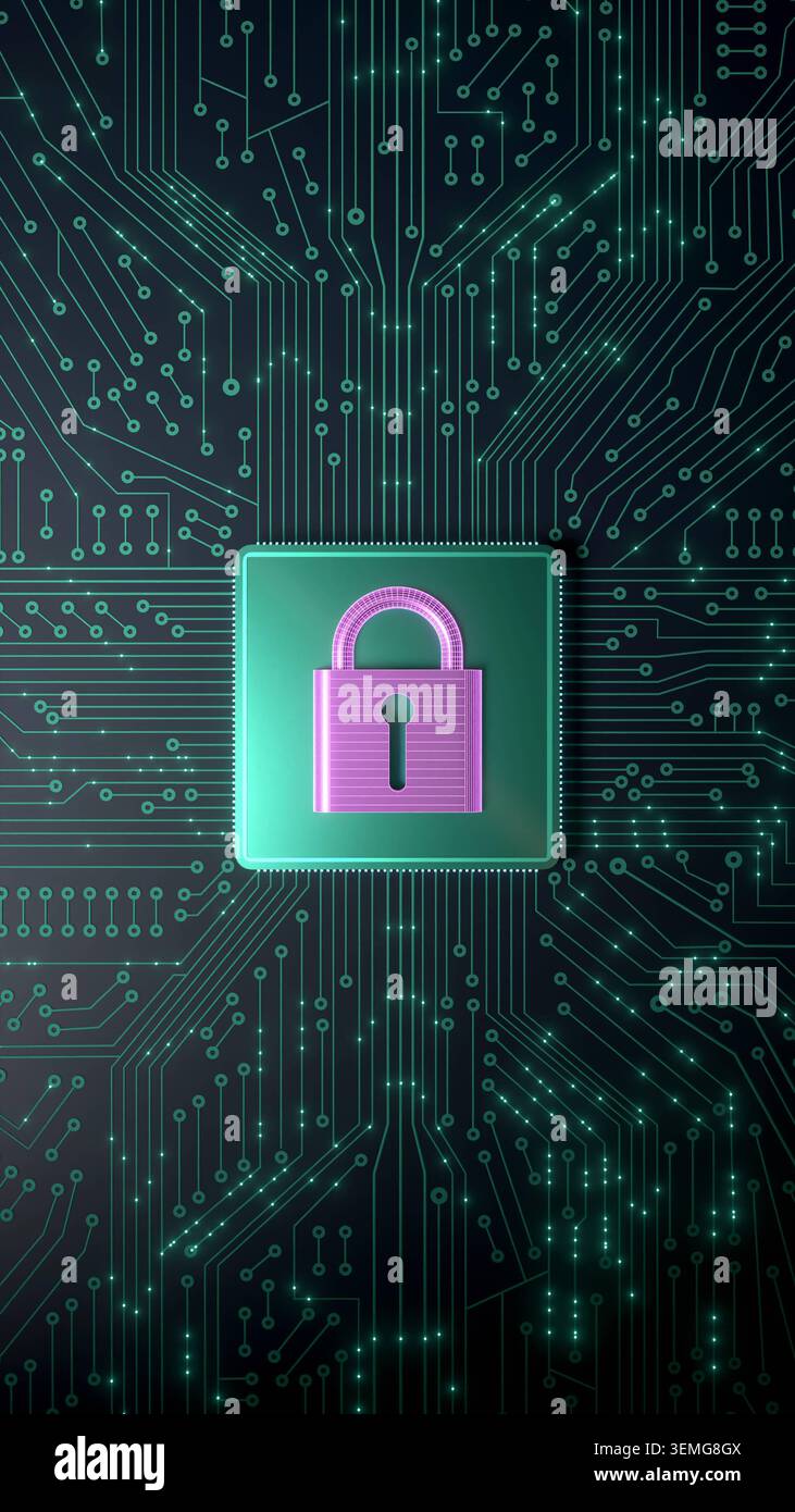 Data protection, circuit board with processor to lock data, encryption, safety, network security. Data protection, circuit board with processor to loc Stock Photo