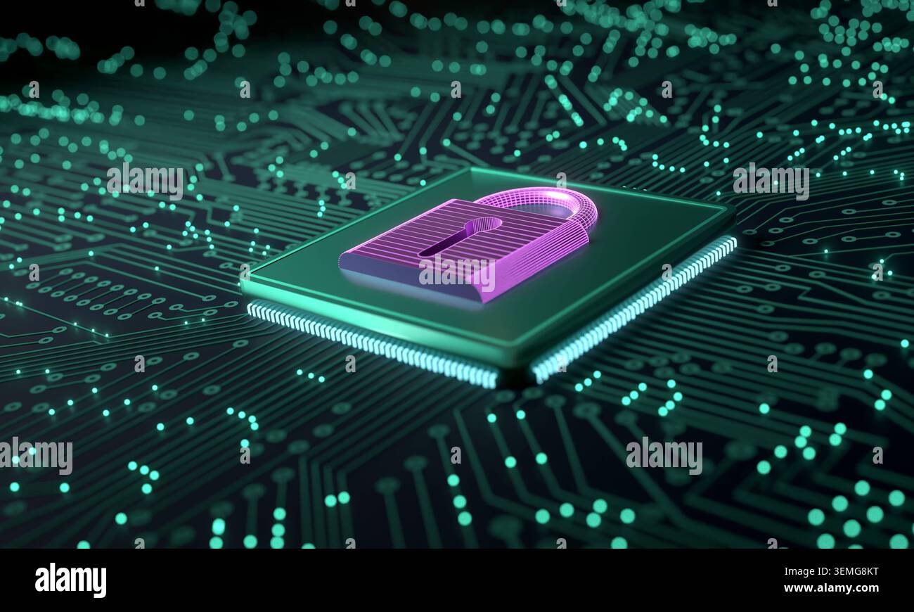 Data protection, close-up circuit board with processor to lock data, encryption, safety, network security. Data protection, close-up circuit board wit Stock Photo