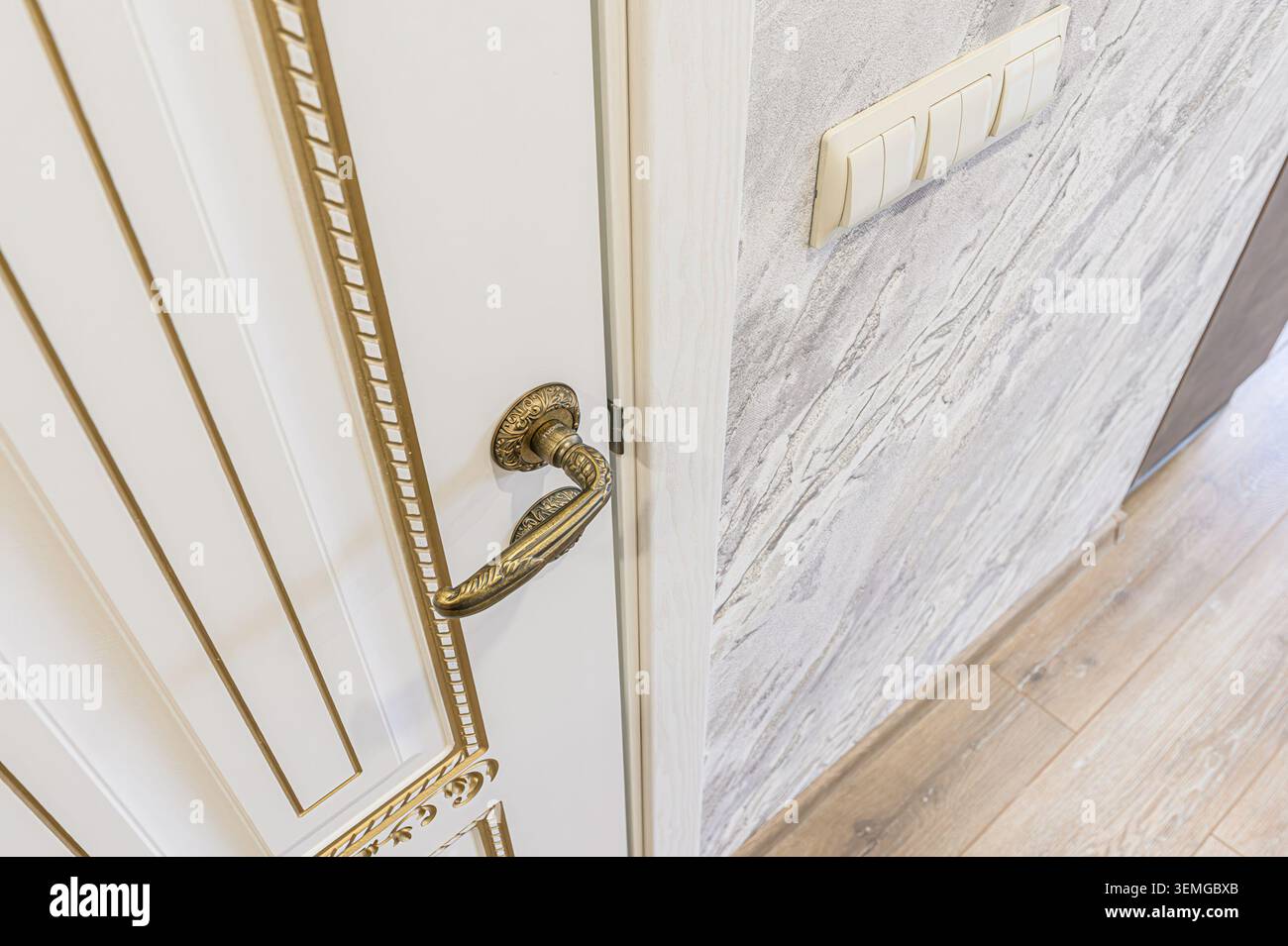 close-up of a white door with gold trim and an ornate brass handle. A light switch is visible on the patterned wall. Stock Photo
