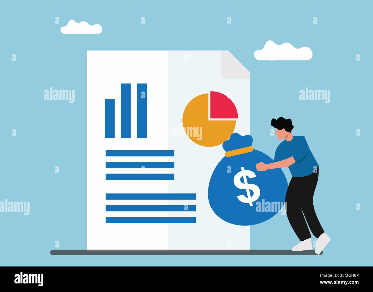 Modern flat vector illustration featuring a financial report, money bag, and business analytics, representing budgeting, revenue management, accountin Stock Vector