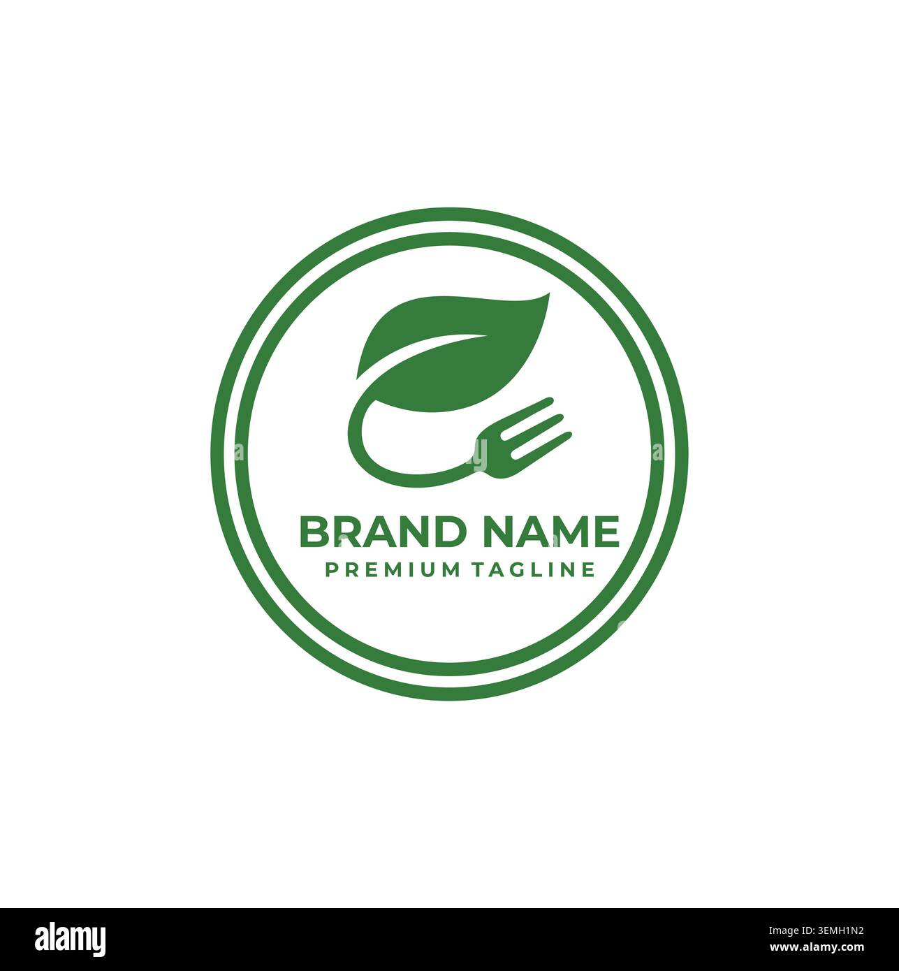 Modern healthy dining logo displaying curved fork attached to leaf. Stock Vector