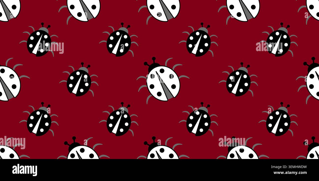 Black white ladybugs on red background. Seamless pattern of ladybugs. Bright contrast background Stock Vector