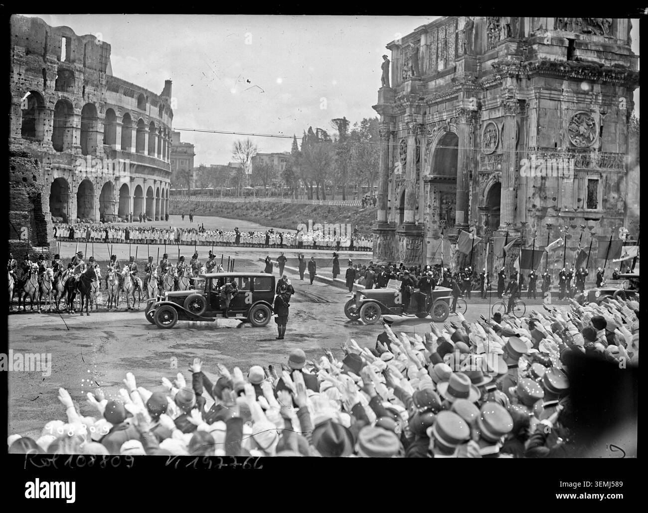 Mussolini arrives at the Colosseum in Rome on 21 April 1926 during the ...