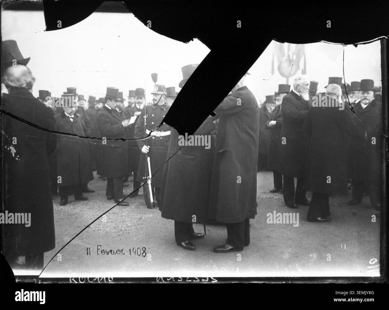 Louis Lépine and Georges Clemenceau appear together in a 1908 press photograph. The negative records two prominent French public figures and statesmen, although the photographic plate is noted as heavily damaged and only partly legible. Stock Photo