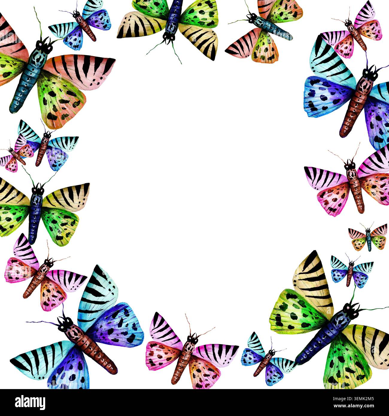 Hand drawn watercolor butterflies seamless frame Stock Photo