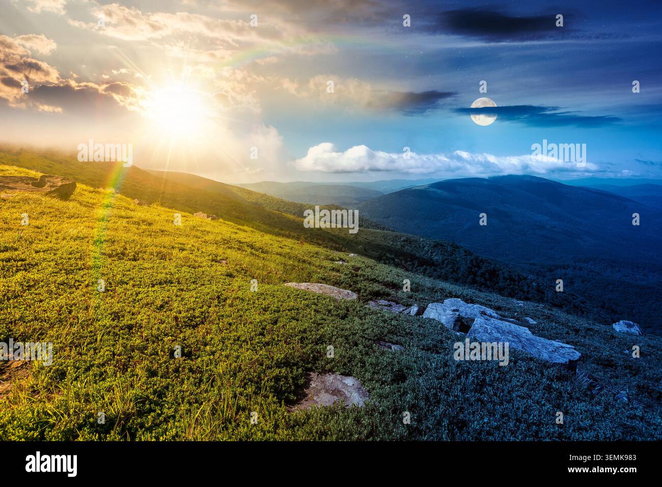 nature scenery with mountain under summer sky. day meet night. sun and moon over alpine landscape of carpathian mountain with grassy slopes. low fluff Stock Photo