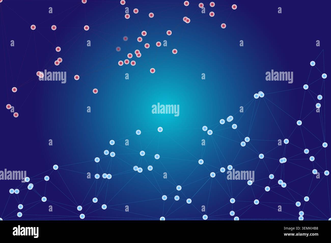 Scientific visualization of particles and connections on a dark blue gradient. Blurred red nodes contrast with sharp blue structures. Ideal for biotec Stock Vector